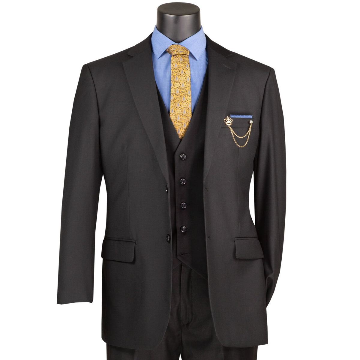 3 Piece 2 Button Classic Fit Suit w/ Flexible Waistband in Black