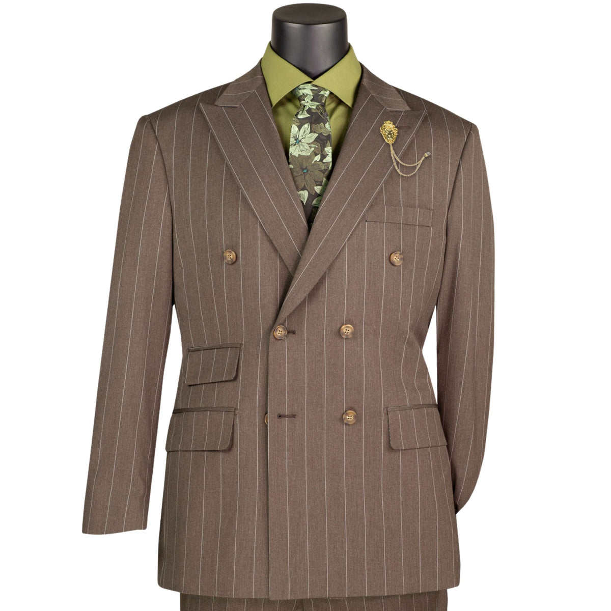 Wide Striped Double Breasted Regular Fit Suit w/ Adjustable Waistband in Brown