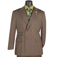 Wide Striped Double Breasted Regular Fit Suit w/ Adjustable Waistband in Brown