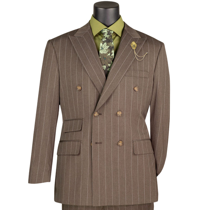 Wide Striped Double Breasted Regular Fit Suit w/ Adjustable Waistband in Brown