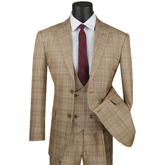Sharkskin Glen Plaid 3-Piece Classic-Fit Suit in Camel Beige