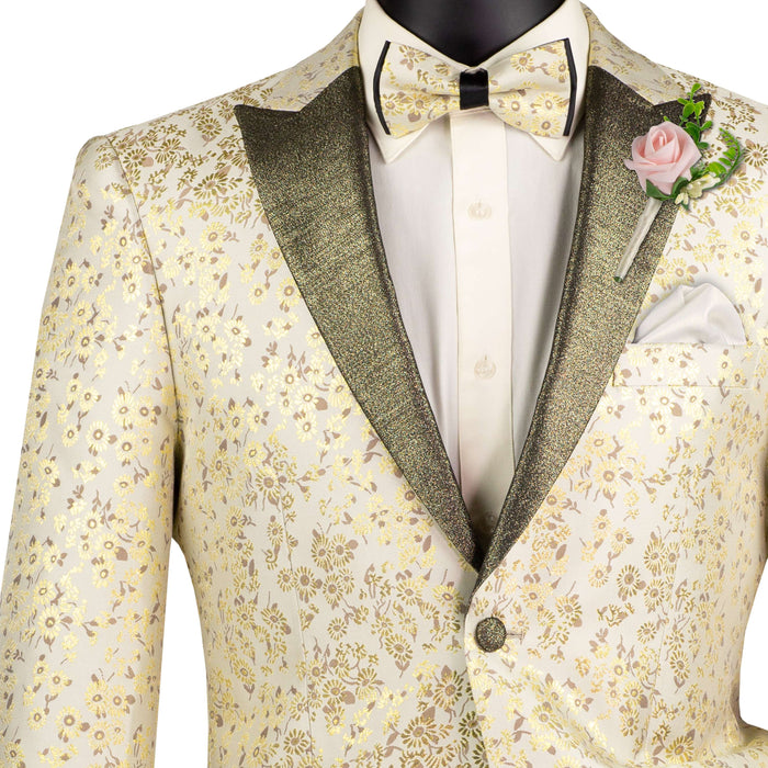 Jacquard Slim-Fit Tuxedo w/ Matching Bow-Tie in Champagne Beige
