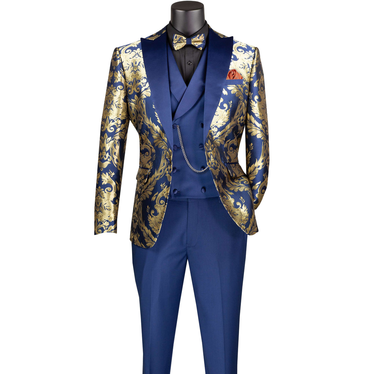 Jacquard Modern-Fit 3-Piece Tuxedo w/ Matching Bow-Tie in Navy & Gold