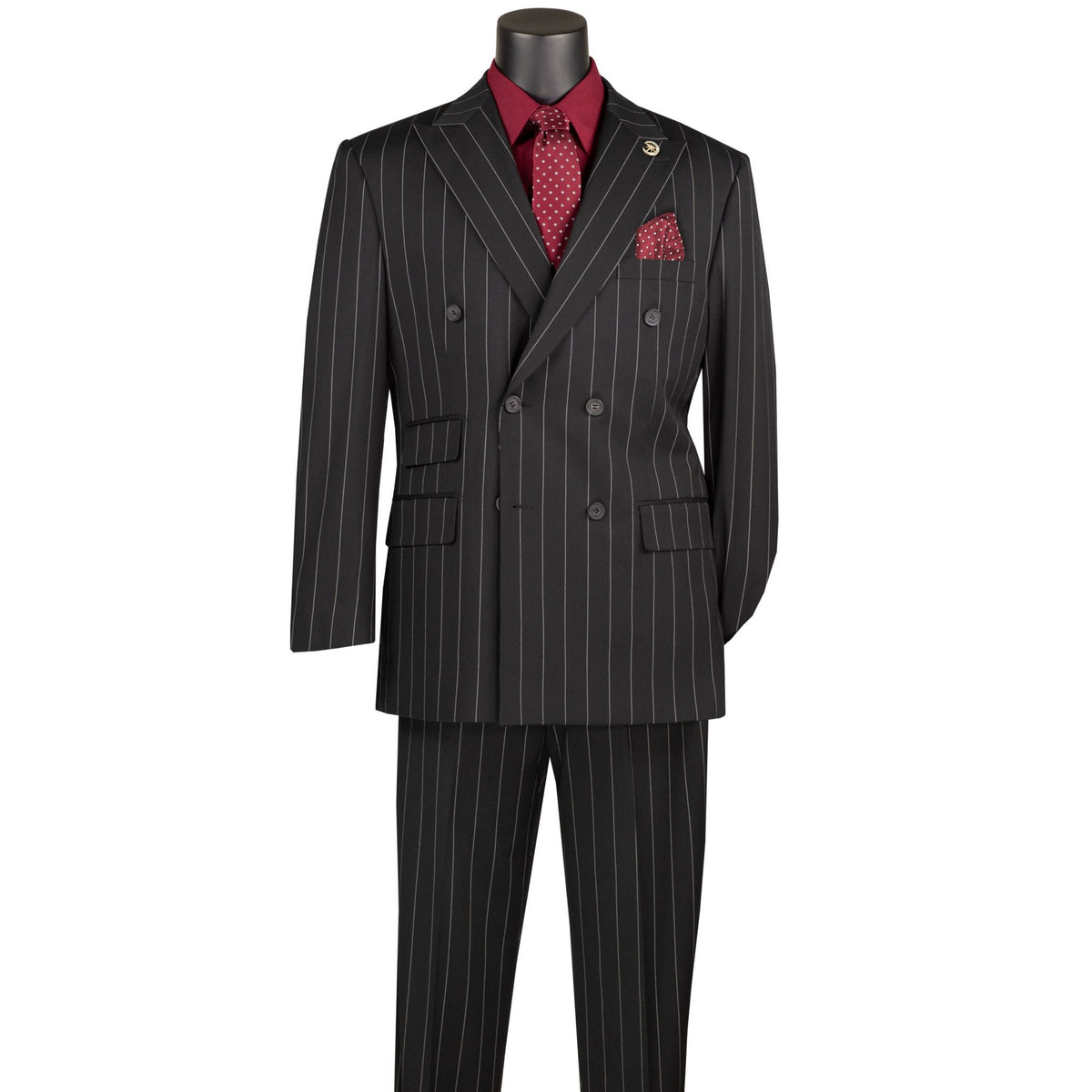 Wide Striped Double Breasted Regular Fit Suit w/ Adjustable Waistband in Black