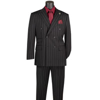Wide Striped Double Breasted Regular Fit Suit w/ Adjustable Waistband in Black
