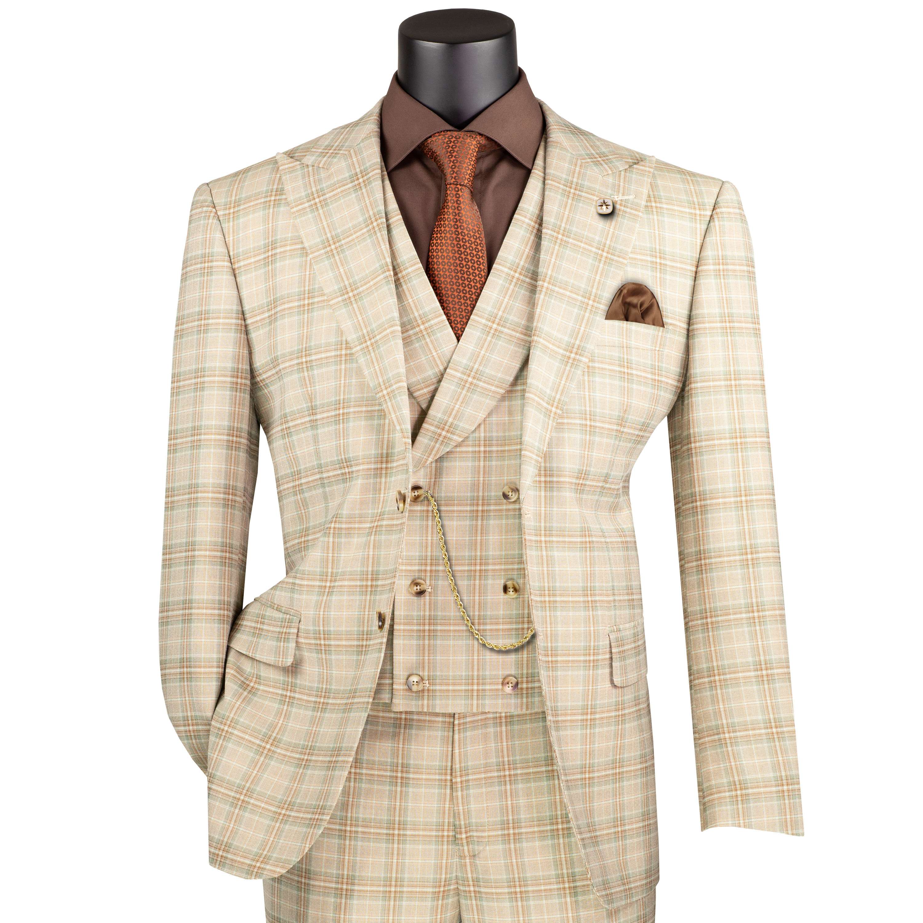 👔 VINCI Men’s Blue Plaid 3-Piece Modern Suit – Peak Lapel, 2-Button, Wedding Ready