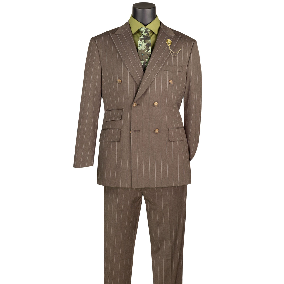 Wide Striped Double Breasted Regular Fit Suit w/ Adjustable Waistband in Brown