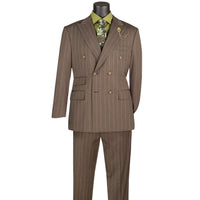Wide Striped Double Breasted Regular Fit Suit w/ Adjustable Waistband in Brown