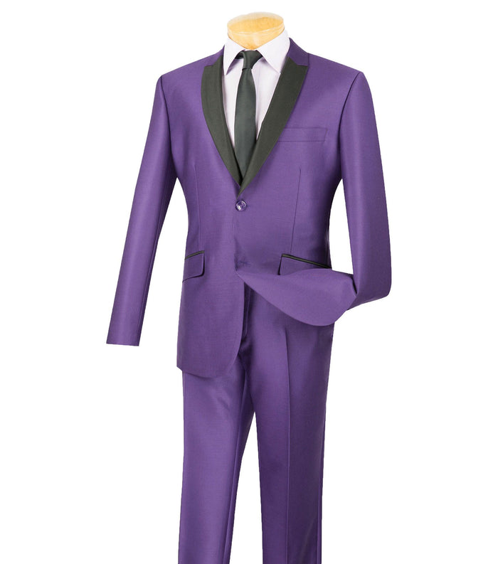 Sharkskin Shawl-Lapel Slim-Fit Tuxedo in Purple