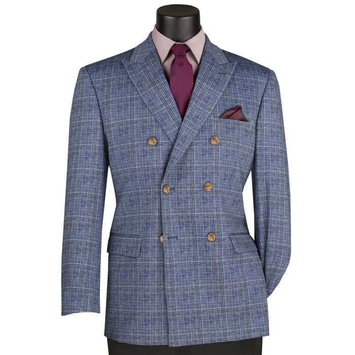 VINCI Men's Blue Glen Plaid Stretch Regular Fit Blazer – NEW. Features a classic silhouette with bold Glen Plaid pattern, peak lapel, and fully lined construction for refined comfort and style. A versatile sport coat for formal occasions or evenings out. Available at Fashion House Inc. (FH Menswear, Style #B-DW1)