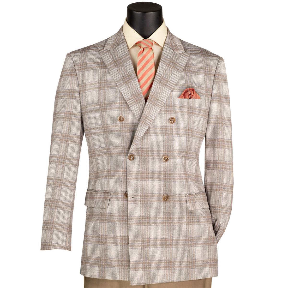 VINCI Men's Tan Glen Plaid Stretch Regular Fit Blazer – NEW. Features a classic silhouette with bold Glen Plaid pattern, peak lapel, and fully lined construction for refined comfort and style. A versatile sport coat for formal occasions or evenings out. Available at Fashion House Inc. (FH Menswear, Style #B-DW1)