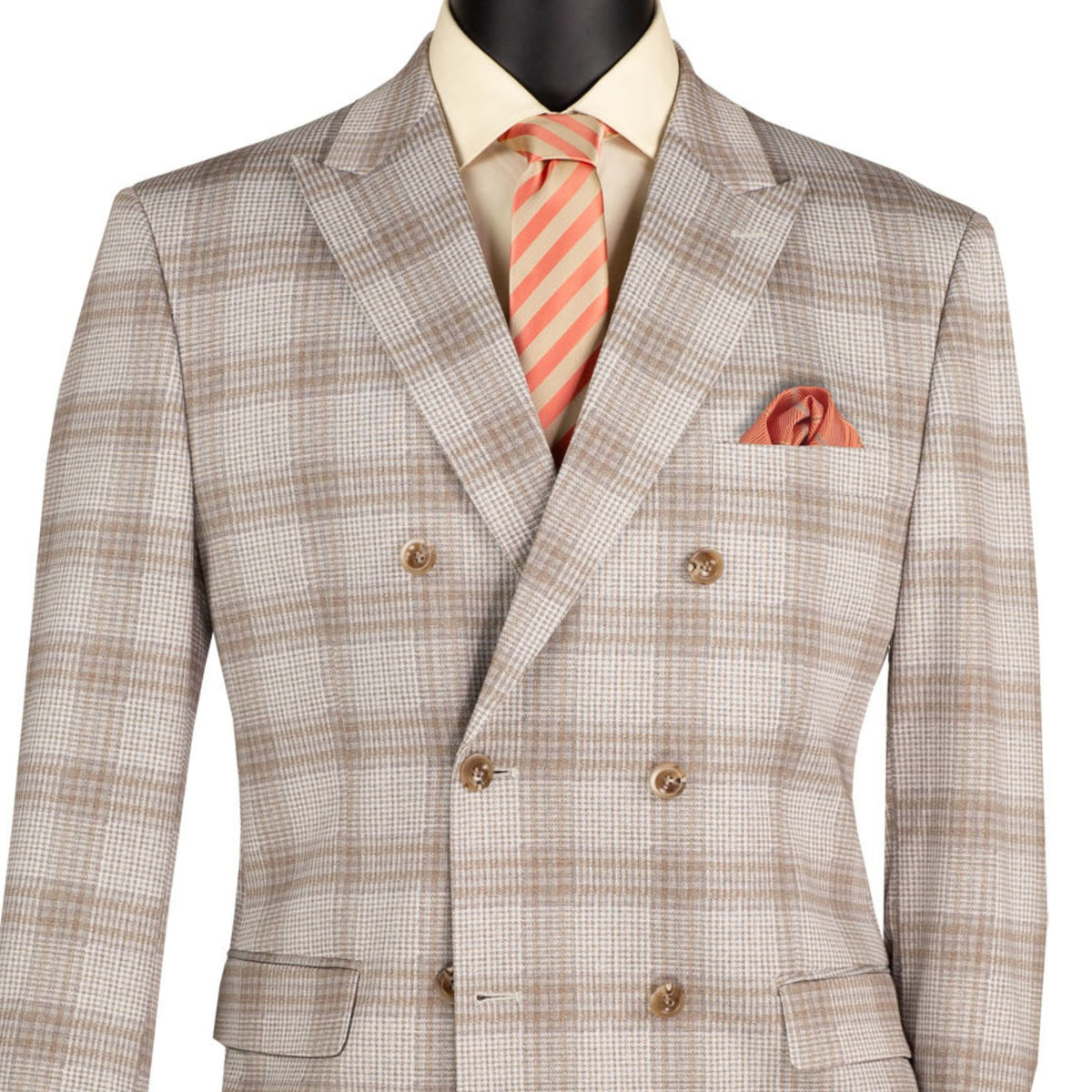 VINCI Men's Tan Glen Plaid Stretch Regular Fit Blazer – NEW. Features a classic silhouette with bold Glen Plaid pattern, peak lapel, and fully lined construction for refined comfort and style. A versatile sport coat for formal occasions or evenings out. Available at Fashion House Inc. (FH Menswear, Style #B-DW1)