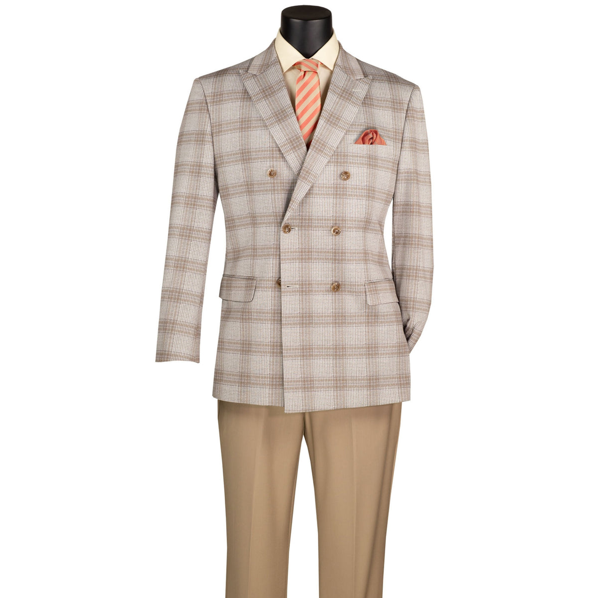 VINCI Men's Tan Glen Plaid Stretch Regular Fit Blazer – NEW. Features a classic silhouette with bold Glen Plaid pattern, peak lapel, and fully lined construction for refined comfort and style. A versatile sport coat for formal occasions or evenings out. Available at Fashion House Inc. (FH Menswear, Style #B-DW1)