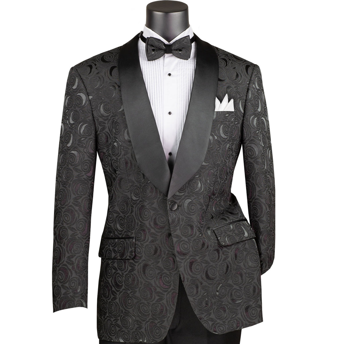 VINCI Men's Black Floral Jacquard Shawl Collar Tuxedo Jacket with Bow Tie - NEW. Luxurious fabric, elegant floral pattern, full lining, and formal shawl collar with 1-button closure. Perfect for sophisticated outings and holiday celebrations. Available at Fashion House Inc. (FH Menswear)