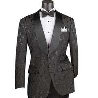 VINCI Men's Black Floral Jacquard Shawl Collar Tuxedo Jacket with Bow Tie - NEW. Luxurious fabric, elegant floral pattern, full lining, and formal shawl collar with 1-button closure. Perfect for sophisticated outings and holiday celebrations. Available at Fashion House Inc. (FH Menswear)
