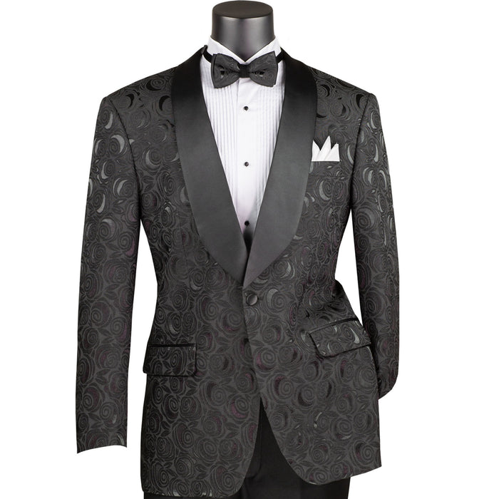 VINCI Men's Black Floral Jacquard Shawl Collar Tuxedo Jacket with Bow Tie - NEW. Luxurious fabric, elegant floral pattern, full lining, and formal shawl collar with 1-button closure. Perfect for sophisticated outings and holiday celebrations. Available at Fashion House Inc. (FH Menswear)