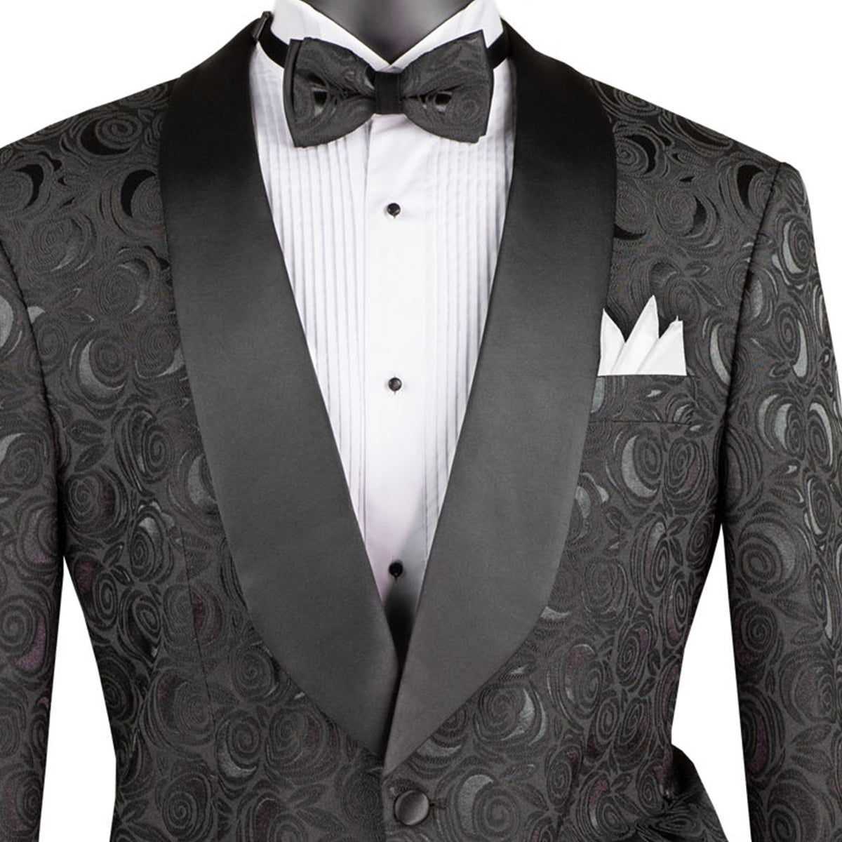 VINCI Men's Black Floral Jacquard Shawl Collar Tuxedo Jacket with Bow Tie - NEW. Luxurious fabric, elegant floral pattern, full lining, and formal shawl collar with 1-button closure. Perfect for sophisticated outings and holiday celebrations. Available at Fashion House Inc. (FH Menswear)