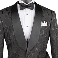 VINCI Men's Black Floral Jacquard Shawl Collar Tuxedo Jacket with Bow Tie - NEW. Luxurious fabric, elegant floral pattern, full lining, and formal shawl collar with 1-button closure. Perfect for sophisticated outings and holiday celebrations. Available at Fashion House Inc. (FH Menswear)
