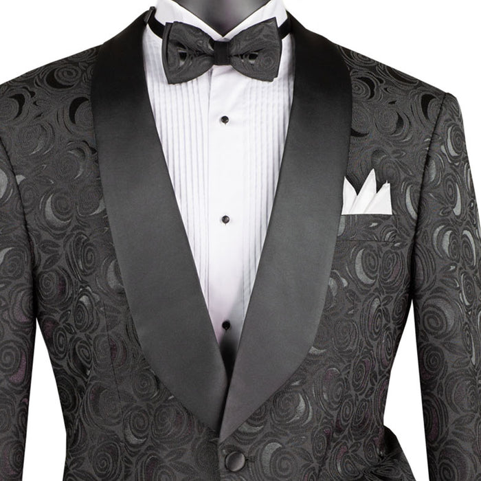 VINCI Men's Black Floral Jacquard Shawl Collar Tuxedo Jacket with Bow Tie - NEW. Luxurious fabric, elegant floral pattern, full lining, and formal shawl collar with 1-button closure. Perfect for sophisticated outings and holiday celebrations. Available at Fashion House Inc. (FH Menswear)