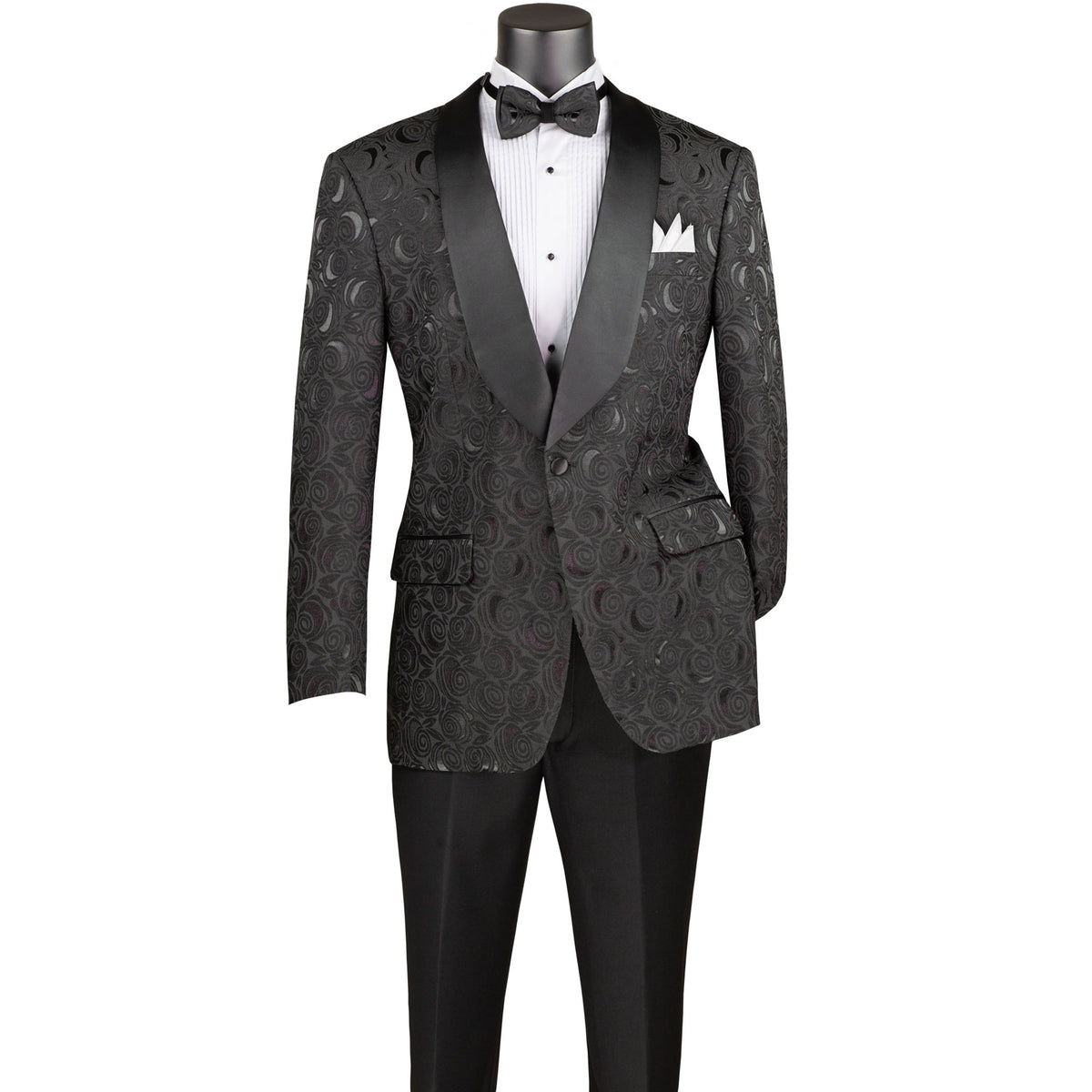 VINCI Men's Black Floral Jacquard Shawl Collar Tuxedo Jacket with Bow Tie - NEW. Luxurious fabric, elegant floral pattern, full lining, and formal shawl collar with 1-button closure. Perfect for sophisticated outings and holiday celebrations. Available at Fashion House Inc. (FH Menswear)