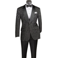 VINCI Men's Black Floral Jacquard Shawl Collar Tuxedo Jacket with Bow Tie - NEW. Luxurious fabric, elegant floral pattern, full lining, and formal shawl collar with 1-button closure. Perfect for sophisticated outings and holiday celebrations. Available at Fashion House Inc. (FH Menswear)