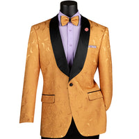 VINCI Men's Gold Floral Jacquard Shawl Collar Tuxedo Jacket with Bow Tie - NEW. Luxurious fabric, elegant floral pattern, full lining, and formal shawl collar with 1-button closure. Perfect for sophisticated outings and holiday celebrations. Available at Fashion House Inc. (FH Menswear)