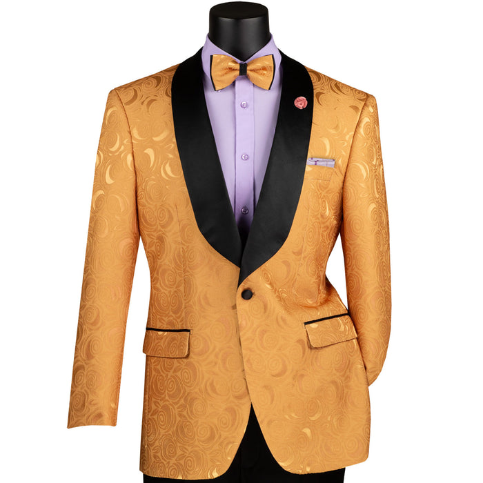 VINCI Men's Gold Floral Jacquard Shawl Collar Tuxedo Jacket with Bow Tie - NEW. Luxurious fabric, elegant floral pattern, full lining, and formal shawl collar with 1-button closure. Perfect for sophisticated outings and holiday celebrations. Available at Fashion House Inc. (FH Menswear)
