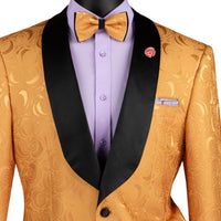 VINCI Men's Gold Floral Jacquard Shawl Collar Tuxedo Jacket with Bow Tie - NEW. Luxurious fabric, elegant floral pattern, full lining, and formal shawl collar with 1-button closure. Perfect for sophisticated outings and holiday celebrations. Available at Fashion House Inc. (FH Menswear)