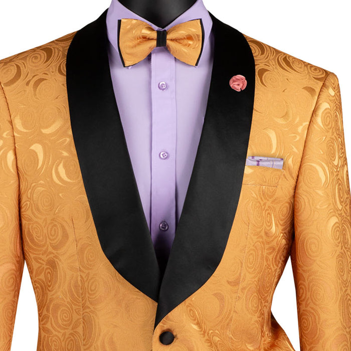 VINCI Men's Gold Floral Jacquard Shawl Collar Tuxedo Jacket with Bow Tie - NEW. Luxurious fabric, elegant floral pattern, full lining, and formal shawl collar with 1-button closure. Perfect for sophisticated outings and holiday celebrations. Available at Fashion House Inc. (FH Menswear)