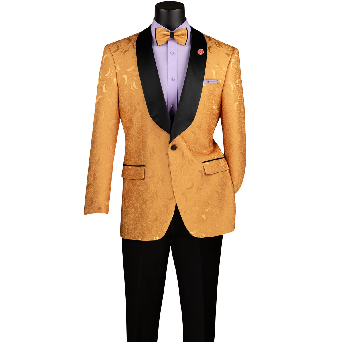 VINCI Men's Gold Floral Jacquard Shawl Collar Tuxedo Jacket with Bow Tie - NEW. Luxurious fabric, elegant floral pattern, full lining, and formal shawl collar with 1-button closure. Perfect for sophisticated outings and holiday celebrations. Available at Fashion House Inc. (FH Menswear)