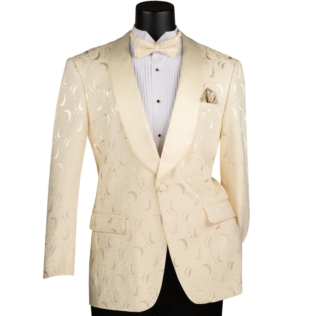 VINCI Men's Light Champagne Floral Jacquard Shawl Collar Tuxedo Jacket with Bow Tie - NEW. Luxurious fabric, elegant floral pattern, full lining, and formal shawl collar with 1-button closure. Perfect for sophisticated outings and holiday celebrations. Available at Fashion House Inc. (FH Menswear)