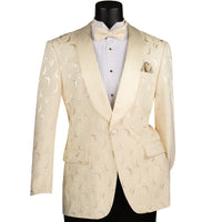 VINCI Men's Light Champagne Floral Jacquard Shawl Collar Tuxedo Jacket with Bow Tie - NEW. Luxurious fabric, elegant floral pattern, full lining, and formal shawl collar with 1-button closure. Perfect for sophisticated outings and holiday celebrations. Available at Fashion House Inc. (FH Menswear)