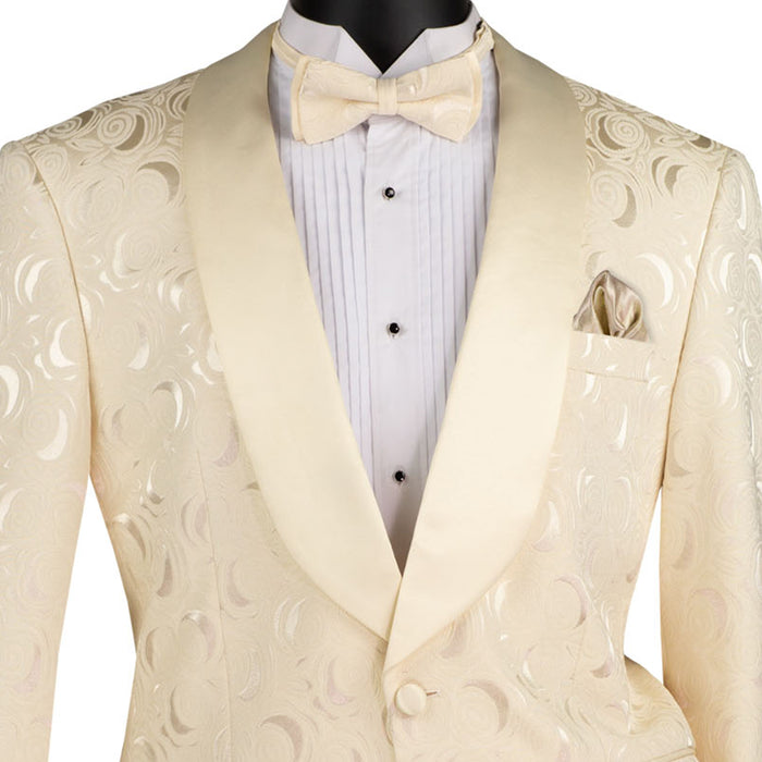 VINCI Men's Light Champagne Floral Jacquard Shawl Collar Tuxedo Jacket with Bow Tie - NEW. Luxurious fabric, elegant floral pattern, full lining, and formal shawl collar with 1-button closure. Perfect for sophisticated outings and holiday celebrations. Available at Fashion House Inc. (FH Menswear)