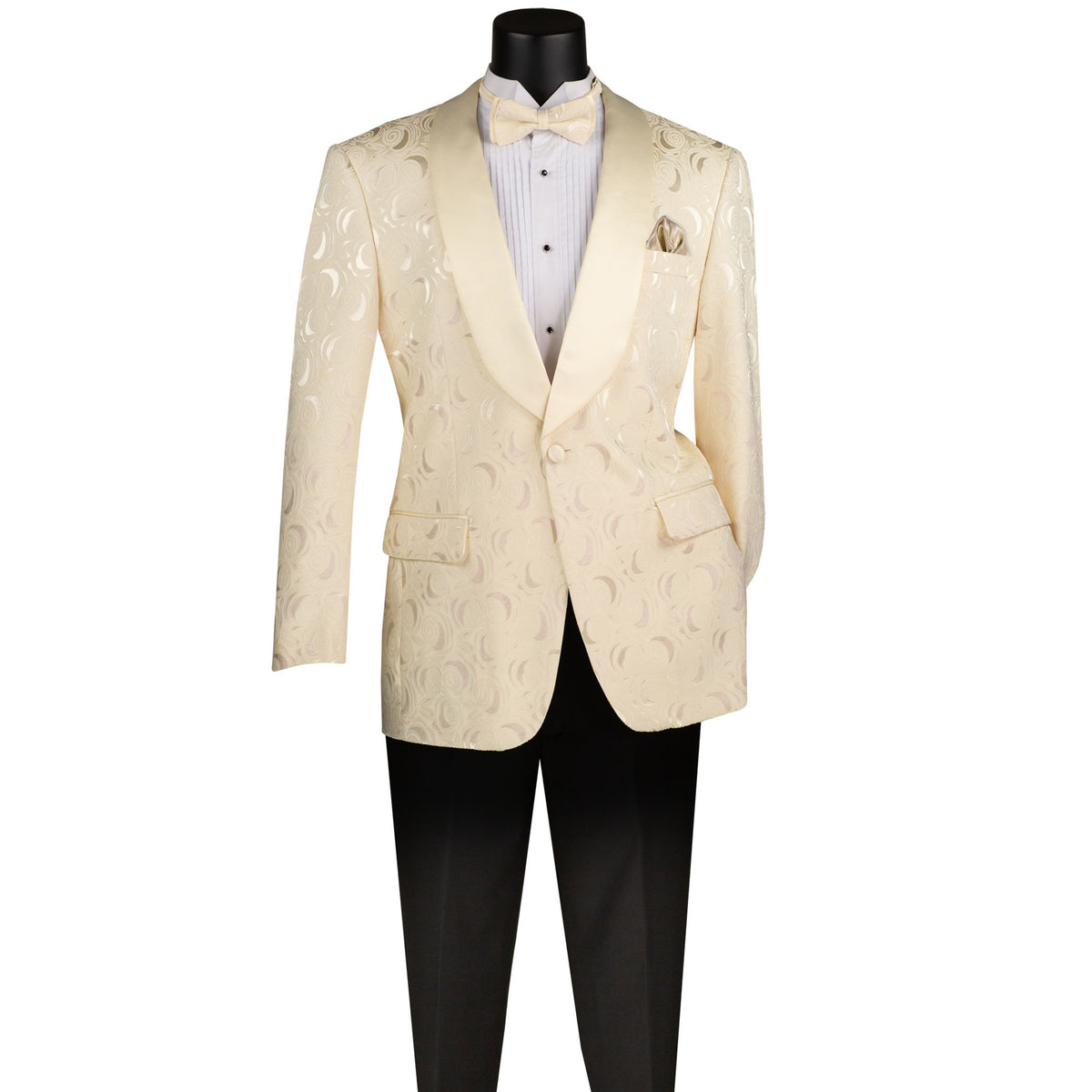VINCI Men's Light Champagne Floral Jacquard Shawl Collar Tuxedo Jacket with Bow Tie - NEW. Luxurious fabric, elegant floral pattern, full lining, and formal shawl collar with 1-button closure. Perfect for sophisticated outings and holiday celebrations. Available at Fashion House Inc. (FH Menswear)