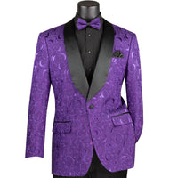 VINCI Men's Purple Floral Jacquard Shawl Collar Tuxedo Jacket with Bow Tie - NEW. Luxurious fabric, elegant floral pattern, full lining, and formal shawl collar with 1-button closure. Perfect for sophisticated outings and holiday celebrations. Available at Fashion House Inc. (FH Menswear)