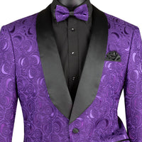 VINCI Men's Purple Floral Jacquard Shawl Collar Tuxedo Jacket with Bow Tie - NEW. Luxurious fabric, elegant floral pattern, full lining, and formal shawl collar with 1-button closure. Perfect for sophisticated outings and holiday celebrations. Available at Fashion House Inc. (FH Menswear)