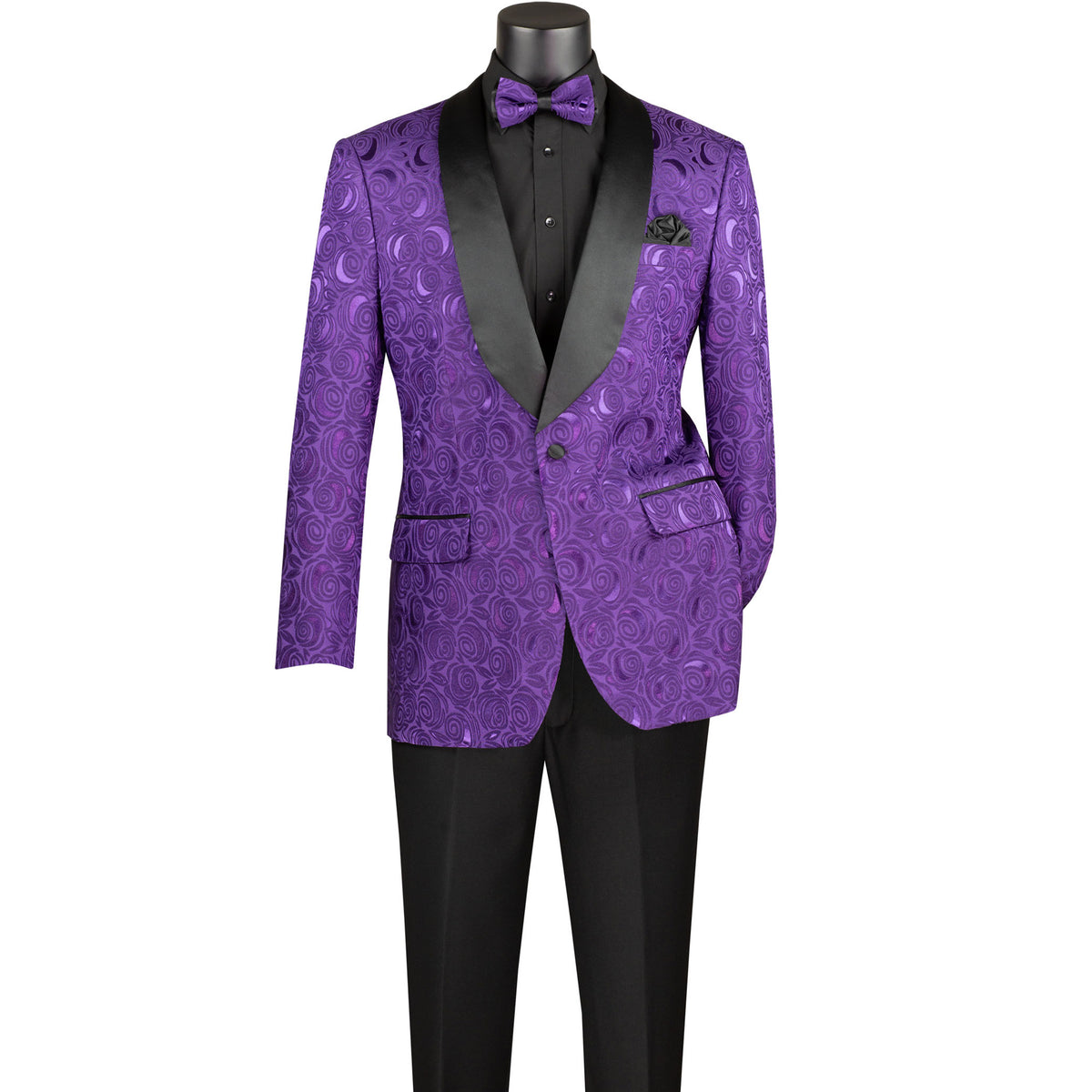 VINCI Men's Purple Floral Jacquard Shawl Collar Tuxedo Jacket with Bow Tie - NEW. Luxurious fabric, elegant floral pattern, full lining, and formal shawl collar with 1-button closure. Perfect for sophisticated outings and holiday celebrations. Available at Fashion House Inc. (FH Menswear)