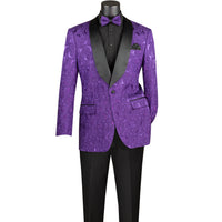 VINCI Men's Purple Floral Jacquard Shawl Collar Tuxedo Jacket with Bow Tie - NEW. Luxurious fabric, elegant floral pattern, full lining, and formal shawl collar with 1-button closure. Perfect for sophisticated outings and holiday celebrations. Available at Fashion House Inc. (FH Menswear)