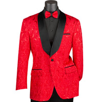 VINCI Men's Red Floral Jacquard Shawl Collar Tuxedo Jacket with Bow Tie - NEW. Luxurious fabric, elegant floral pattern, full lining, and formal shawl collar with 1-button closure. Perfect for sophisticated outings and holiday celebrations. Available at Fashion House Inc. (FH Menswear)