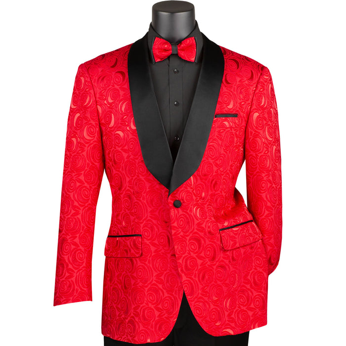 VINCI Men's Red Floral Jacquard Shawl Collar Tuxedo Jacket with Bow Tie - NEW. Luxurious fabric, elegant floral pattern, full lining, and formal shawl collar with 1-button closure. Perfect for sophisticated outings and holiday celebrations. Available at Fashion House Inc. (FH Menswear)