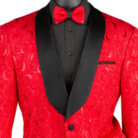 VINCI Men's Red Floral Jacquard Shawl Collar Tuxedo Jacket with Bow Tie - NEW. Luxurious fabric, elegant floral pattern, full lining, and formal shawl collar with 1-button closure. Perfect for sophisticated outings and holiday celebrations. Available at Fashion House Inc. (FH Menswear)