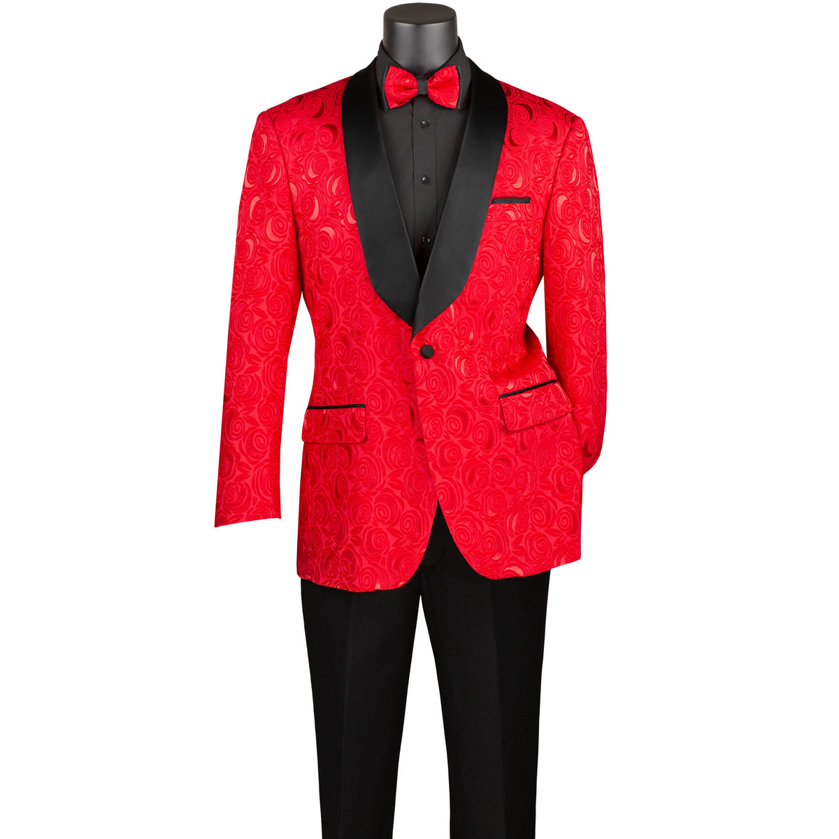 VINCI Men's Red Floral Jacquard Shawl Collar Tuxedo Jacket with Bow Tie - NEW. Luxurious fabric, elegant floral pattern, full lining, and formal shawl collar with 1-button closure. Perfect for sophisticated outings and holiday celebrations. Available at Fashion House Inc. (FH Menswear)