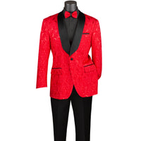 VINCI Men's Red Floral Jacquard Shawl Collar Tuxedo Jacket with Bow Tie - NEW. Luxurious fabric, elegant floral pattern, full lining, and formal shawl collar with 1-button closure. Perfect for sophisticated outings and holiday celebrations. Available at Fashion House Inc. (FH Menswear)