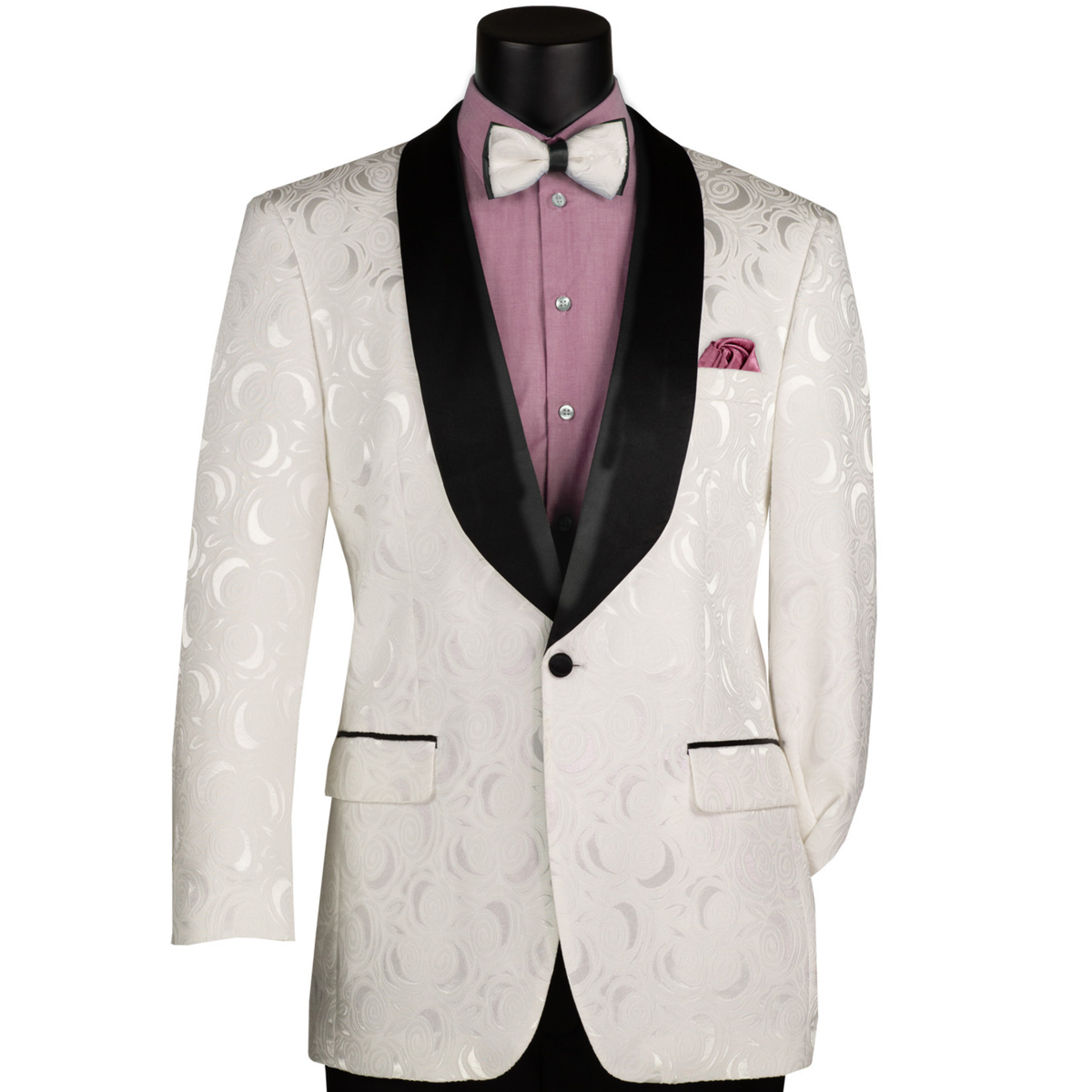 VINCI Men's White Floral Jacquard Shawl Collar Tuxedo Jacket with Bow Tie - NEW. Luxurious fabric, elegant floral pattern, full lining, and formal shawl collar with 1-button closure. Perfect for sophisticated outings and holiday celebrations. Available at Fashion House Inc. (FH Menswear)
