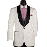 VINCI Men's White Floral Jacquard Shawl Collar Tuxedo Jacket with Bow Tie - NEW. Luxurious fabric, elegant floral pattern, full lining, and formal shawl collar with 1-button closure. Perfect for sophisticated outings and holiday celebrations. Available at Fashion House Inc. (FH Menswear)
