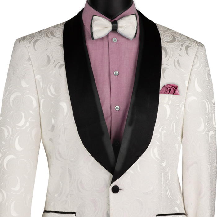 VINCI Men's White Floral Jacquard Shawl Collar Tuxedo Jacket with Bow Tie - NEW. Luxurious fabric, elegant floral pattern, full lining, and formal shawl collar with 1-button closure. Perfect for sophisticated outings and holiday celebrations. Available at Fashion House Inc. (FH Menswear)