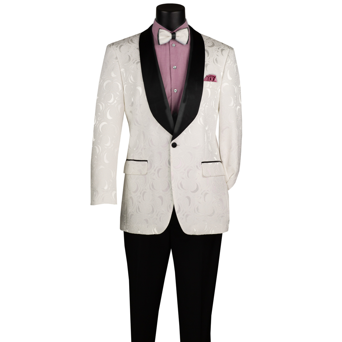 VINCI Men's White Floral Jacquard Shawl Collar Tuxedo Jacket with Bow Tie - NEW. Luxurious fabric, elegant floral pattern, full lining, and formal shawl collar with 1-button closure. Perfect for sophisticated outings and holiday celebrations. Available at Fashion House Inc. (FH Menswear)
