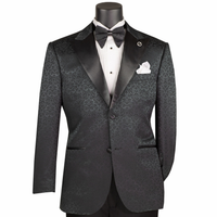 VINCI Men's Black Floral Jacquard 2 Button Regular Fit Tuxedo Jacket – NEW. Features an elegant floral jacquard pattern, wide peak lapel, fully lined construction, and classic silhouette for polished formal style. Ideal for weddings, proms, holiday parties, and black-tie events. Available at Fashion House Inc. (FH Menswear, Style #BF-9)