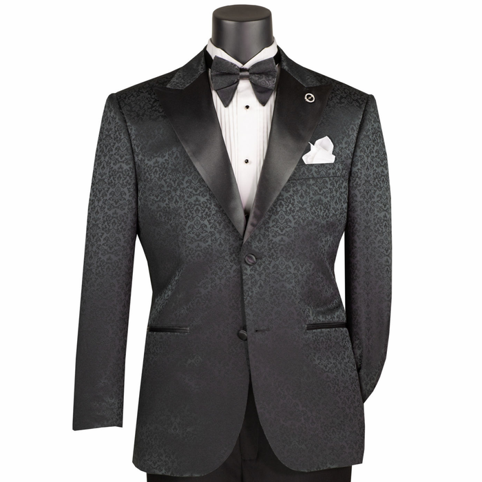 VINCI Men's Black Floral Jacquard 2 Button Regular Fit Tuxedo Jacket – NEW. Features an elegant floral jacquard pattern, wide peak lapel, fully lined construction, and classic silhouette for polished formal style. Ideal for weddings, proms, holiday parties, and black-tie events. Available at Fashion House Inc. (FH Menswear, Style #BF-9)