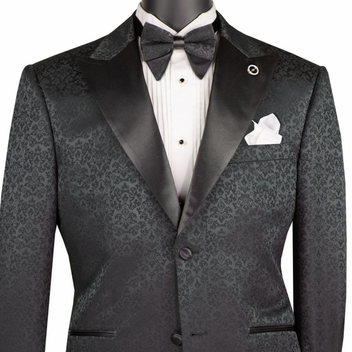 VINCI Men's Black Floral Jacquard 2 Button Regular Fit Tuxedo Jacket – NEW. Features an elegant floral jacquard pattern, wide peak lapel, fully lined construction, and classic silhouette for polished formal style. Ideal for weddings, proms, holiday parties, and black-tie events. Available at Fashion House Inc. (FH Menswear, Style #BF-9)